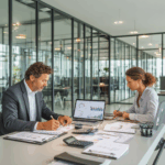 Two business professionals in a modern office: an accountant reviews financial reports with a calculator, while a controller analyzes financial dashboards on a laptop computer