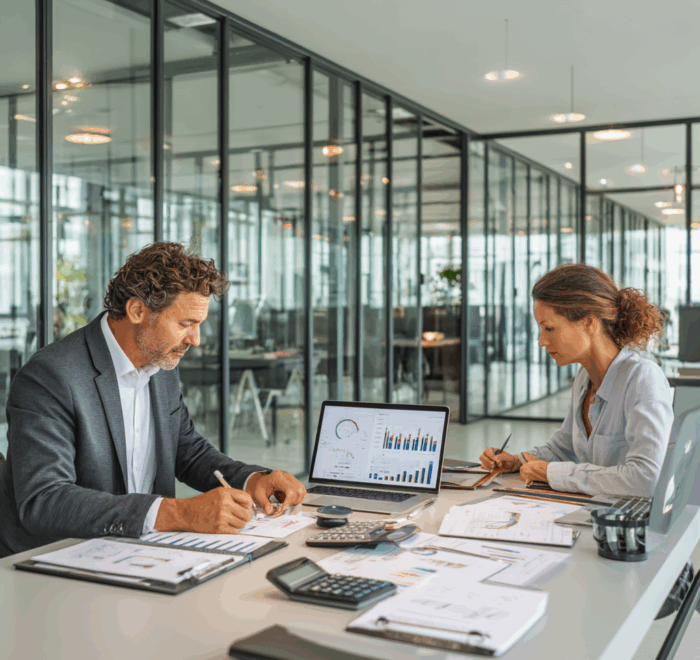 Two business professionals in a modern office: an accountant reviews financial reports with a calculator, while a controller analyzes financial dashboards on a laptop computer