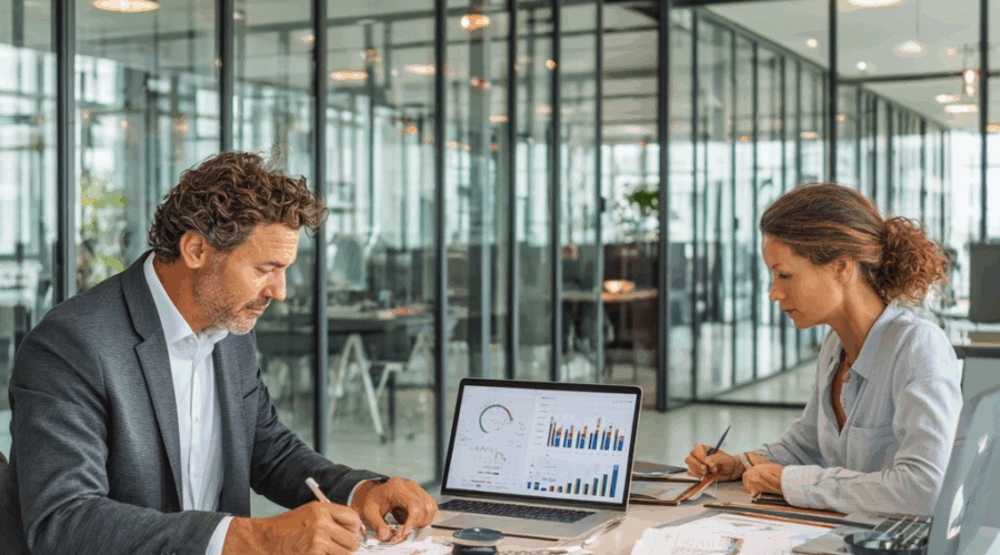 Two business professionals in a modern office: an accountant reviews financial reports with a calculator, while a controller analyzes financial dashboards on a laptop computer
