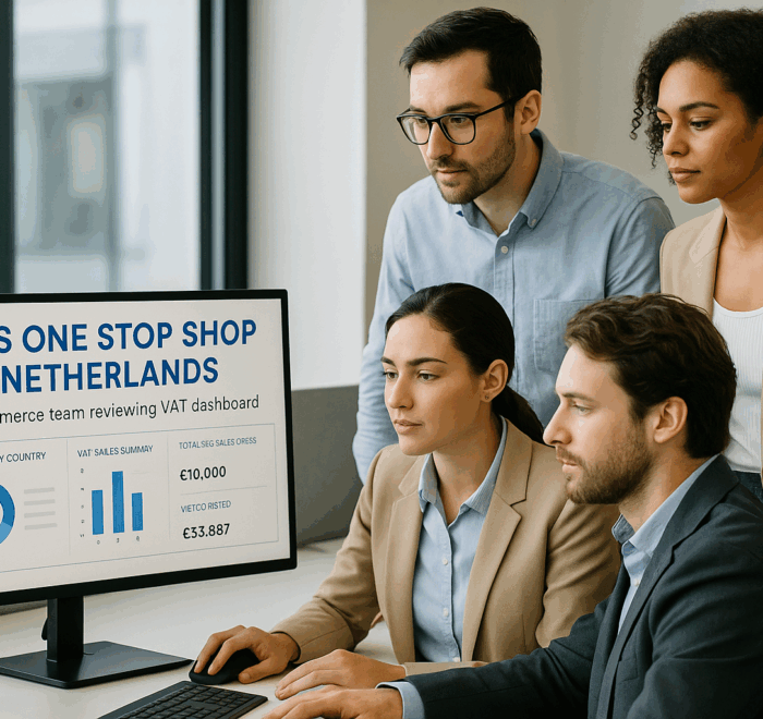 One Stop Shop Netherlands ecommerce team reviewing VAT dashboard for EU cross border sales