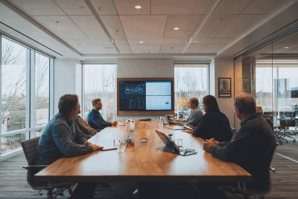 Team of financial professionals working together to automate accounting with digital invoice processing, Exact Online and Power BI dashboards.