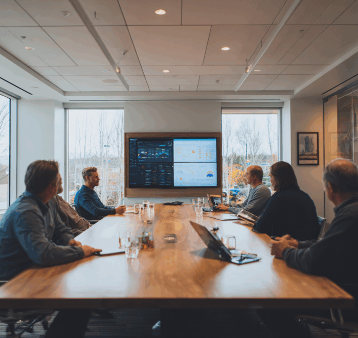 Team of financial professionals working together to automate accounting with digital invoice processing, Exact Online and Power BI dashboards.