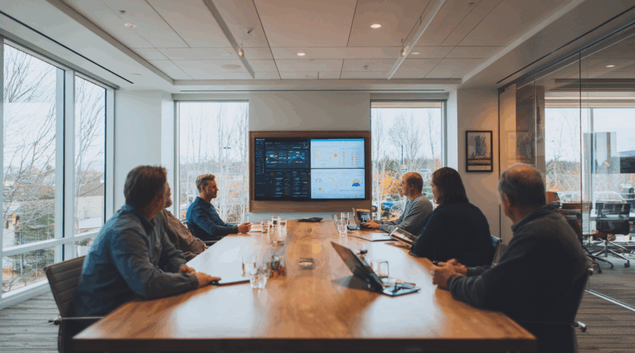 Team of financial professionals working together to automate accounting with digital invoice processing, Exact Online and Power BI dashboards.