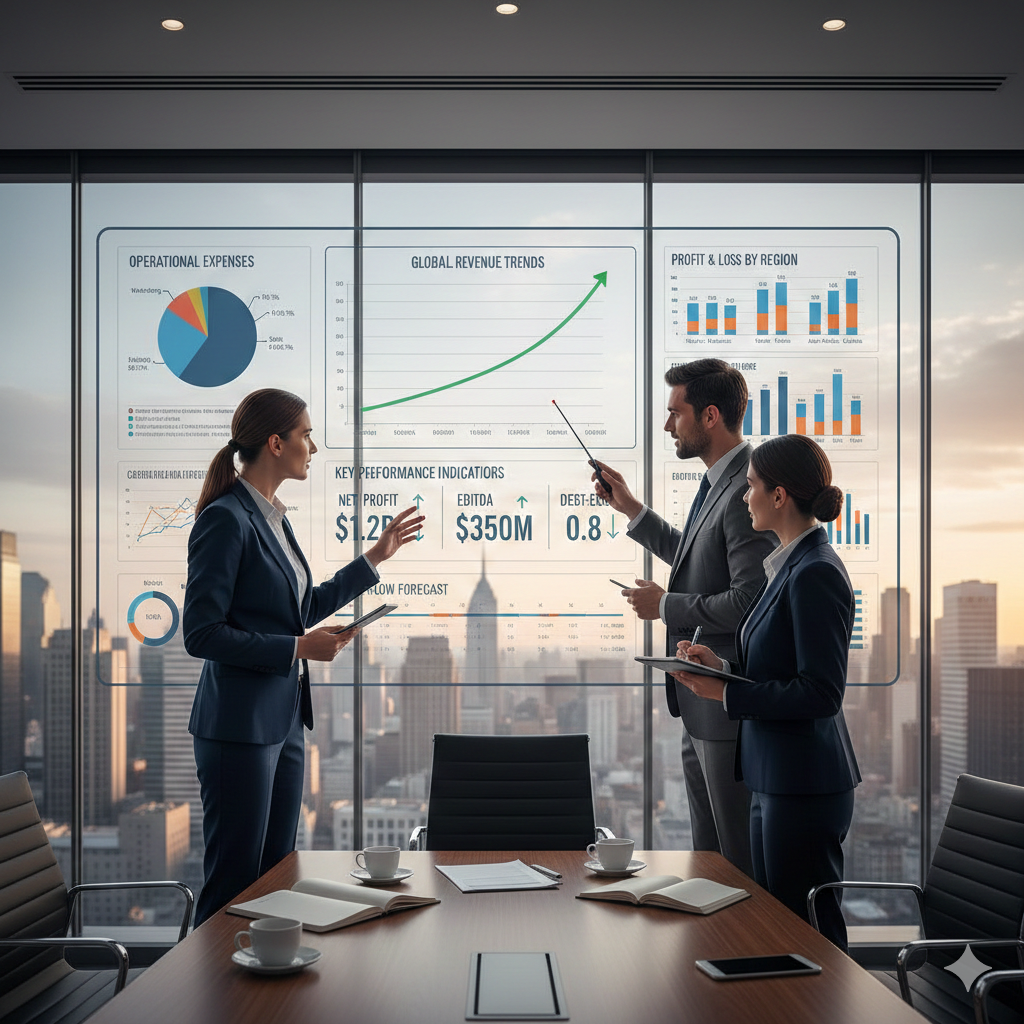 CFO dashboard showing revenue, cash flow, profitability and forecast vs actual