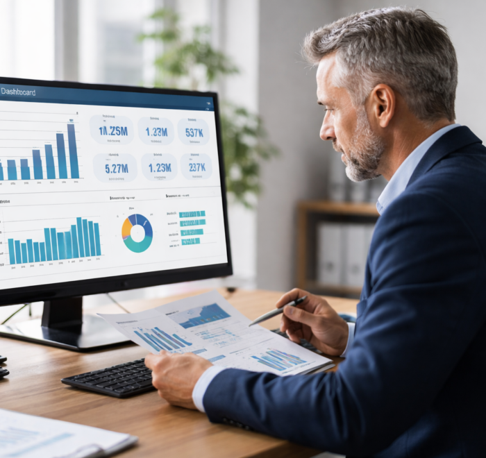 Chief Financial Officer analyseert dashboard met cashflow en omzetcijfers