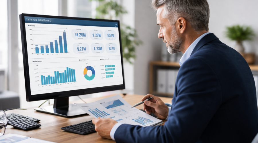 Chief Financial Officer analyseert dashboard met cashflow en omzetcijfers