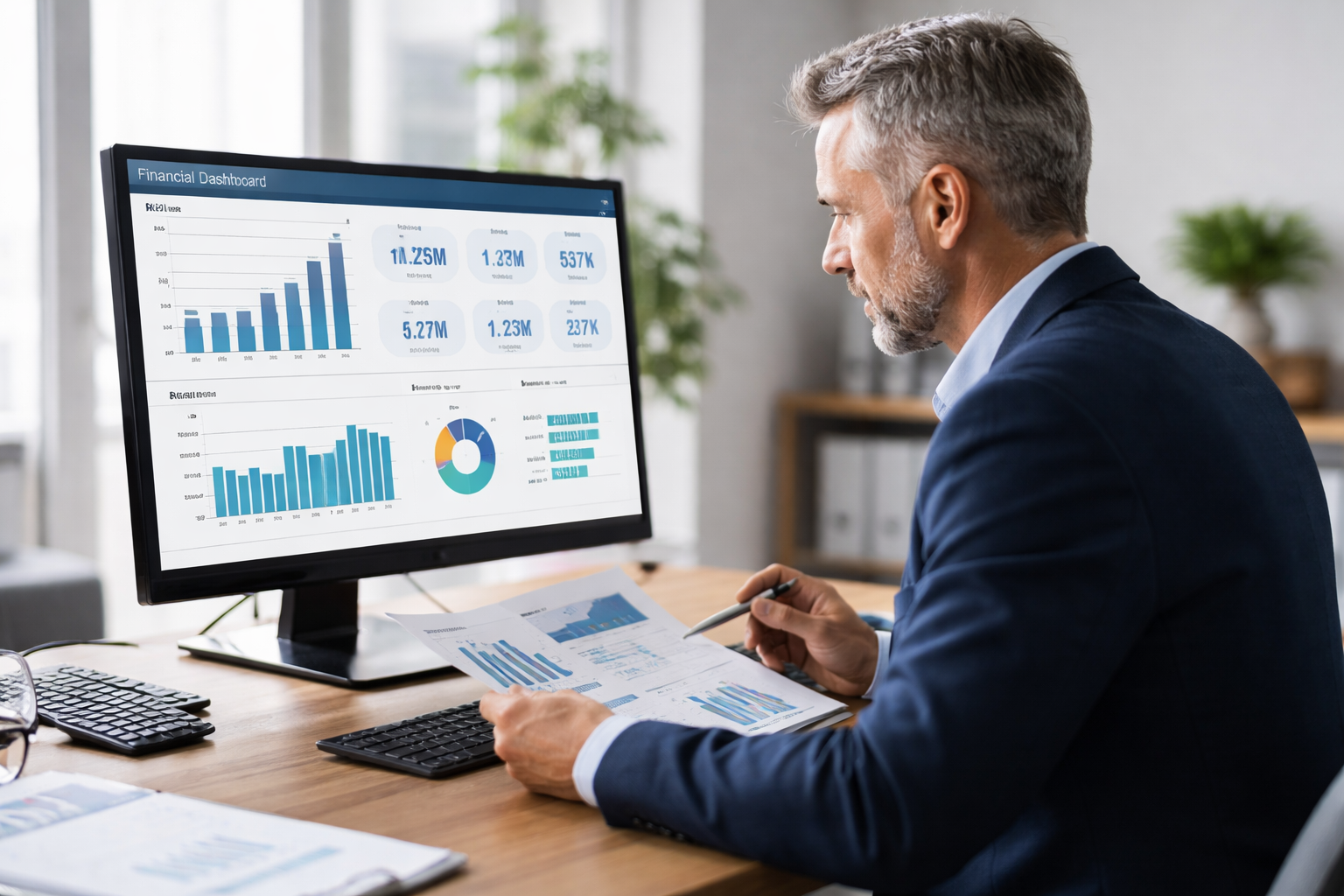 Chief Financial Officer analyseert dashboard met cashflow en omzetcijfers