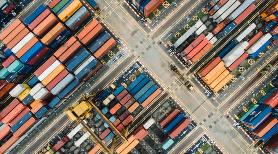 Container terminal seen from above, representing imports into the Netherlands